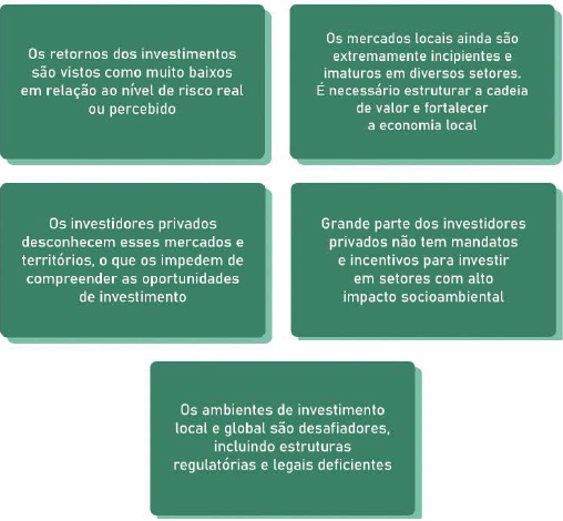 Segundo a OCDE, há cinco fatores centrais que limitaram o acesso do capital privado ao financiamento dos ODS: 